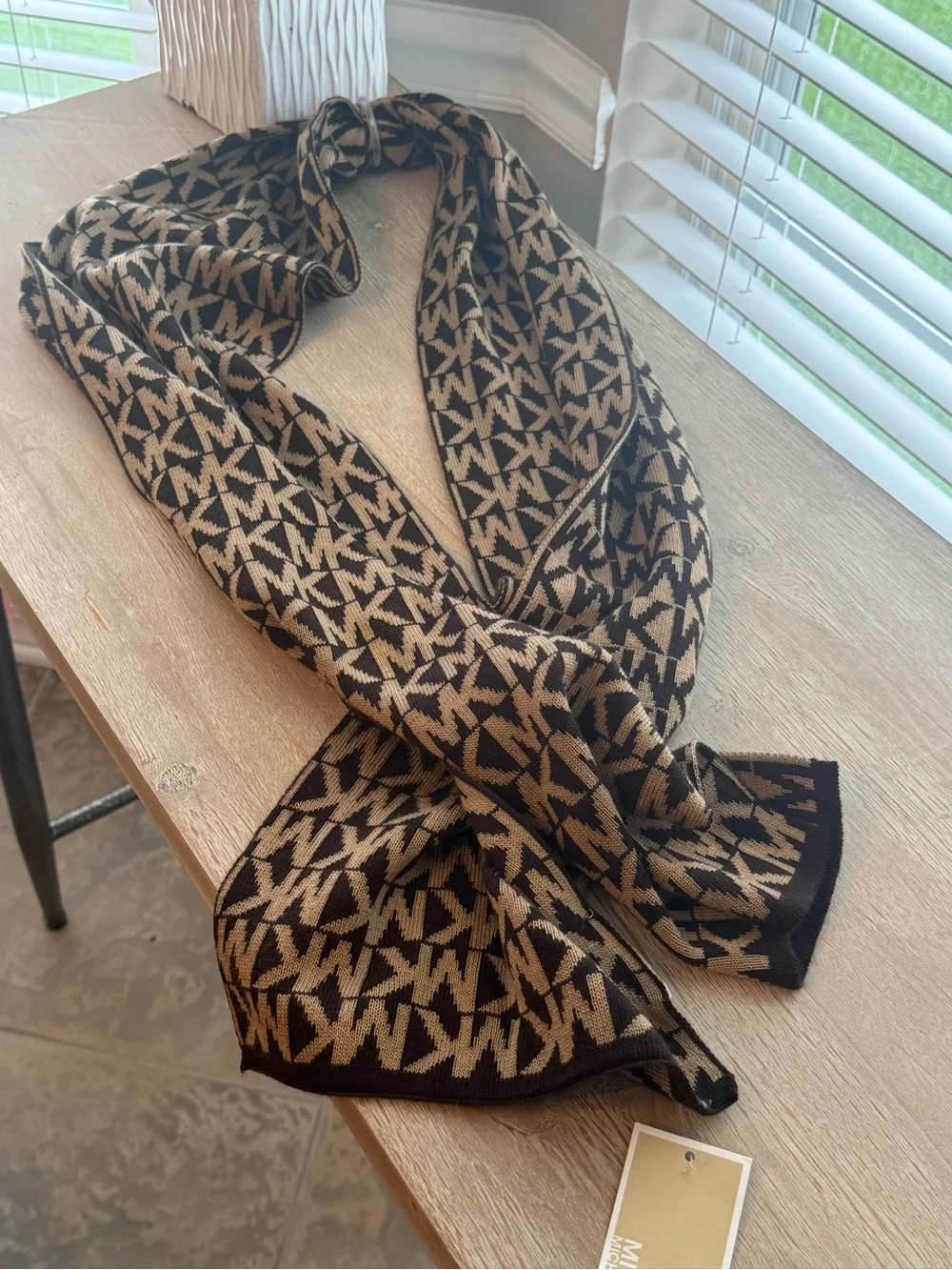 NWT Michael Kors MK Logo Knit Scarf Brown Tan Monogram Reversible